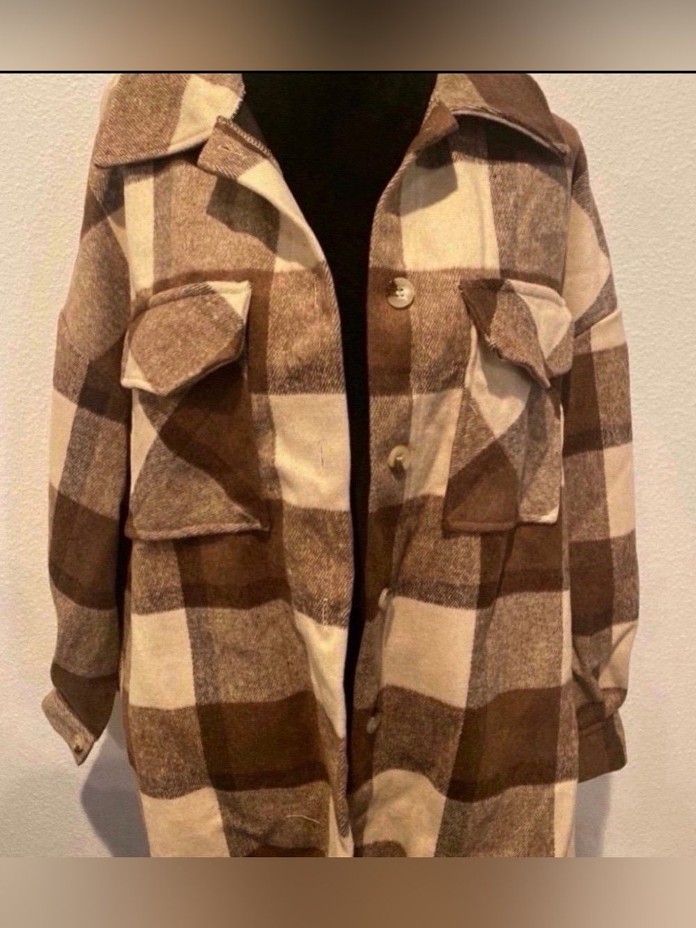 Brand New Plaid Button-Front Shacket Jacket in Brown and Cream (Size XL)